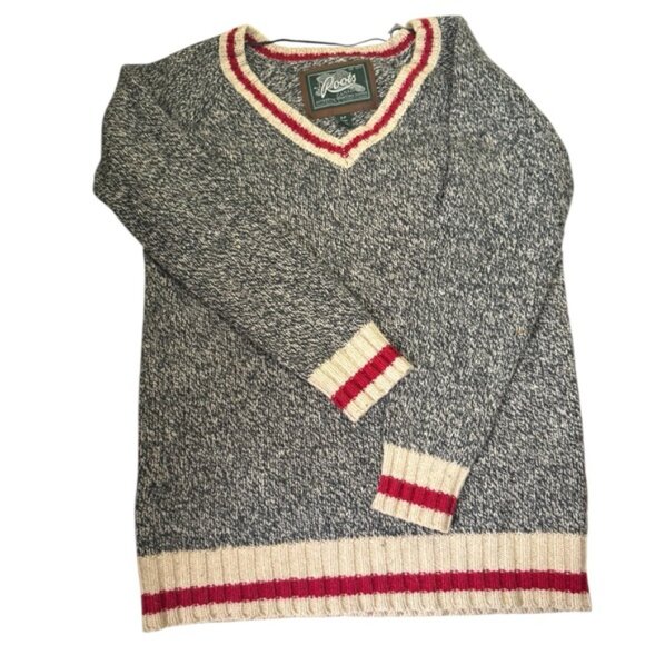 Roots Canada Cotton Cabin V Neck Knit Sweater Cozy Chucky Neutral Gray Red Tan S - Picture 2 of 15